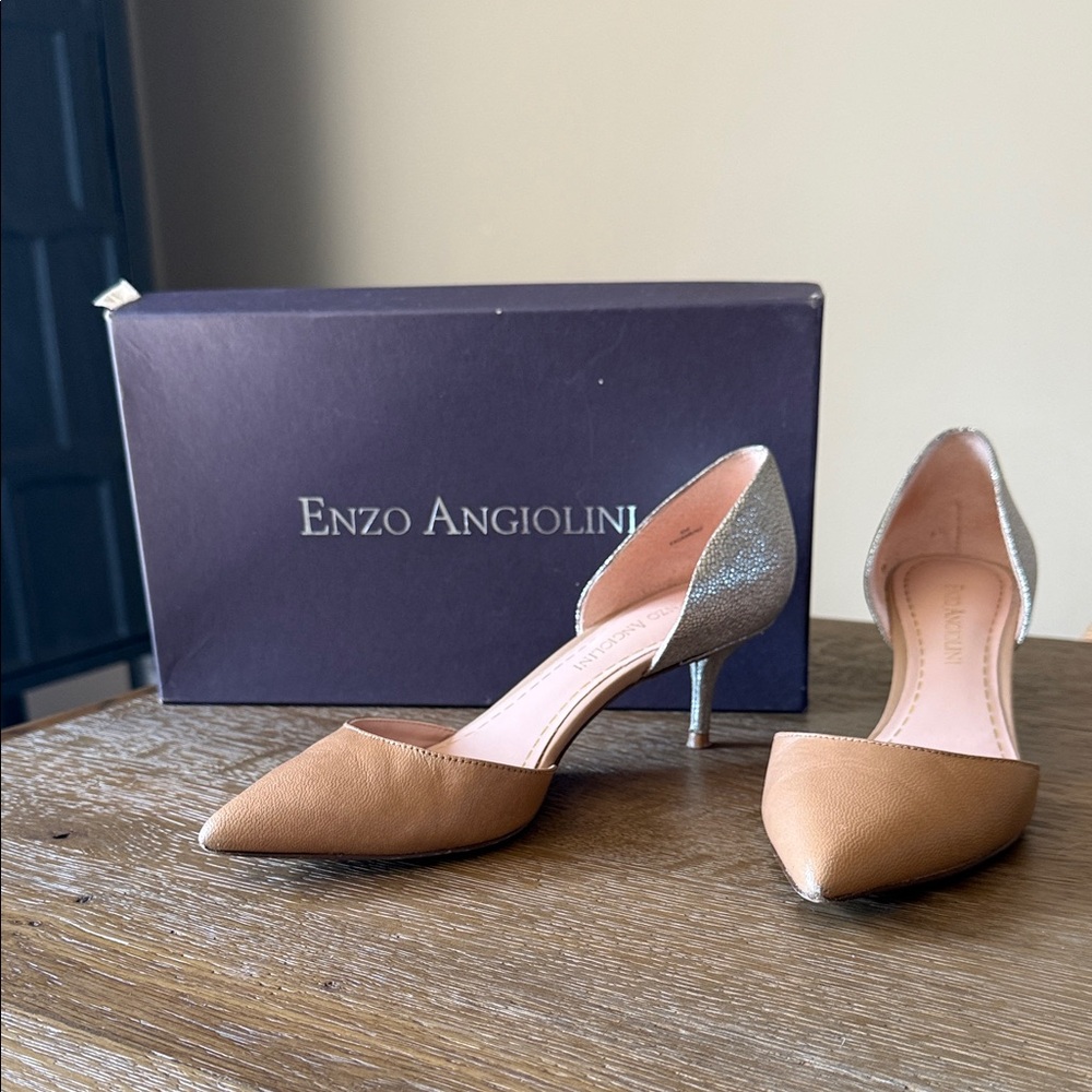 Enzo Angiolini Tan Leather Pointed D'Orsay Pumps with Silver Glitter Heel